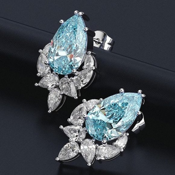 ✔Accept offer Jewelry - 🔥Elegant Teardrop Sea Blue Emerald CZ Stud Earrings, MARR9251